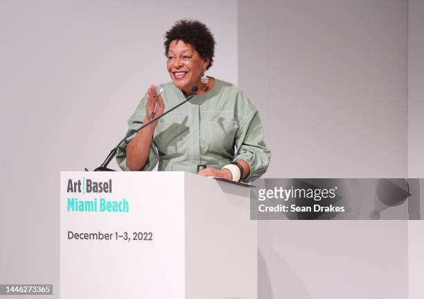 Celebrated artist Carrie Mae Weems discusses her body of art work at an Art Basel Conversations panel during Art Basel Miami Beach in the Miami Beach...