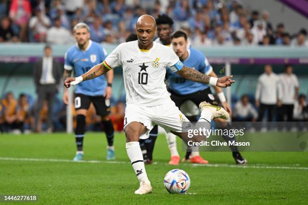 Andre Ayew of Ghana takes a penalty saved by Sergio Rochet of Uruguay during the FIFA World Cup Qatar 2022 Group H match between Ghana and Uruguay at...