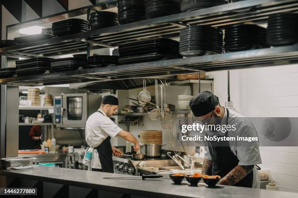 koch arbeitet in einer high-end-restaurantküche - gewerbliche küche stock-fotos und bilder