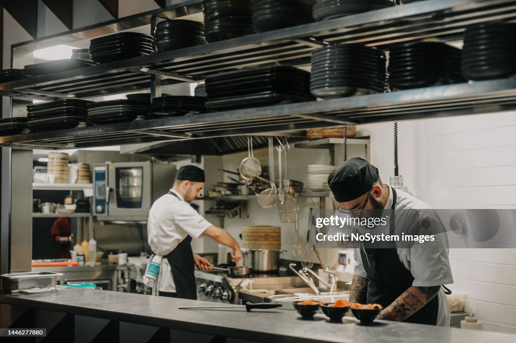 Chef working in a high end restaurant kitchen