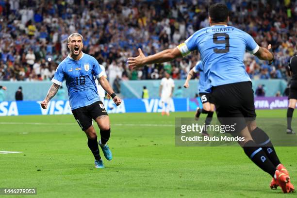 Giorgian de Arrascaeta of Uruguay celebrates after scoring the team’s first goal during the FIFA World Cup Qatar 2022 Group H match between Ghana and...