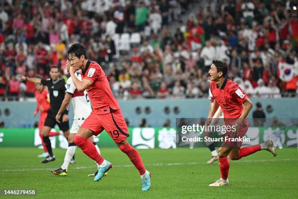 Younggwon Kim of Korea Republic celebrates after scoring the team's first goal during the FIFA World Cup Qatar 2022 Group H match between Korea...