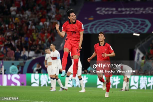 Younggwon Kim of Korea Republic celebrates after scoring the team's first goal during the FIFA World Cup Qatar 2022 Group H match between Korea...