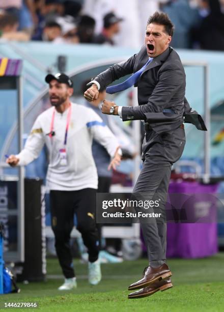Diego Alonso, Head Coach of Uruguay, celebrates the team's second goal by Giorgian de Arrascaeta during the FIFA World Cup Qatar 2022 Group H match...