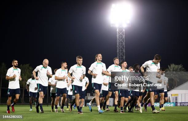 Australia players train during Australia Training Session ahead of their Round of Sixteen match against Argentina at Aspire Training Ground on...