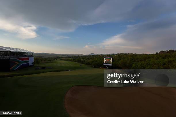 View of the 18th hole as play is suspended for the day during Day Two of the Investec South African Open Championship at Blair Atholl Golf &...