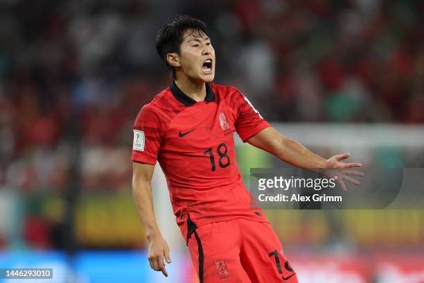 Kangin Lee of Korea Republic reacts during the FIFA World Cup Qatar 2022 Group H match between Korea Republic and Portugal at Education City Stadium...