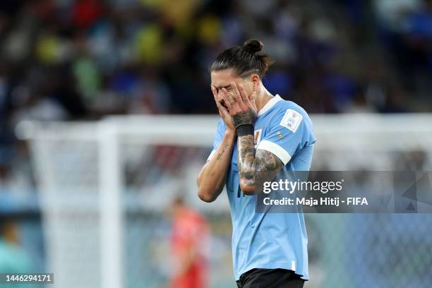 Darwin Nunez of Uruguay reacts after being substituted during the FIFA World Cup Qatar 2022 Group H match between Ghana and Uruguay at Al Janoub...