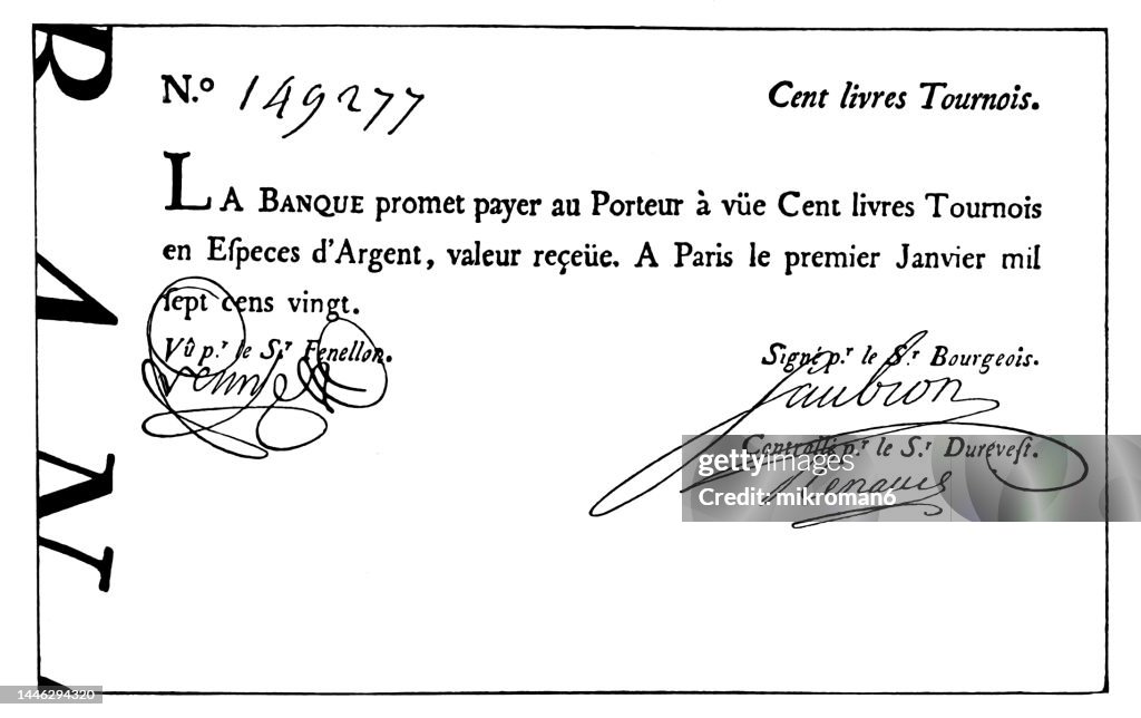 Legal Bank Notes Old Engraved Illustration Of Facsimile Of 100 Livres Banknote France ...