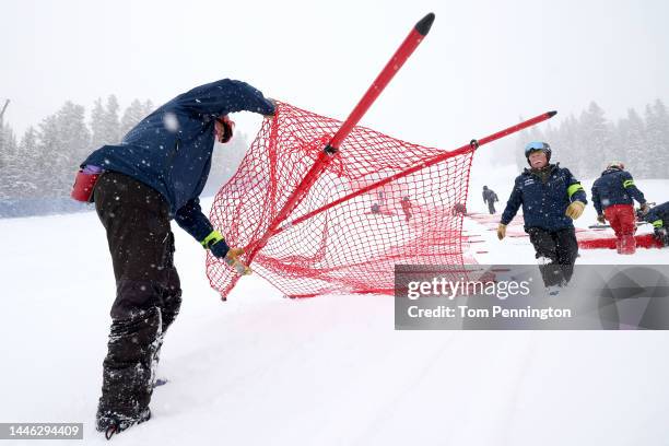 Workers perform course maintenance on the Birds of Prey racecourse after the Audi FIS Alpine Ski World Cup Men's Downhill race at Beaver Creek Resort...