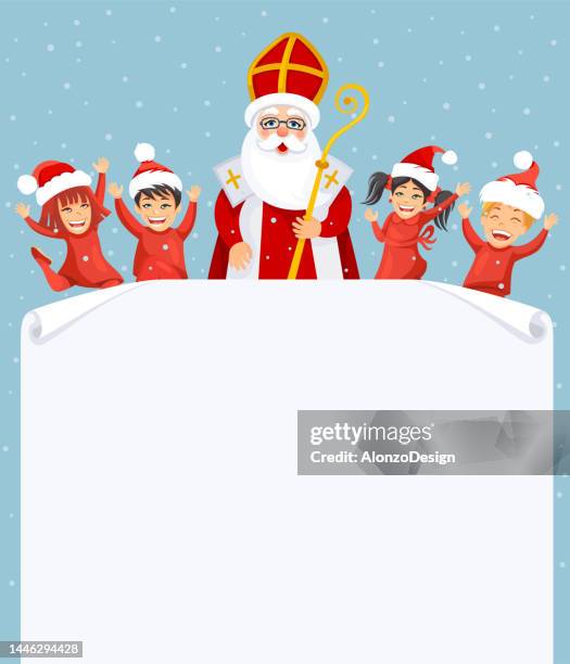 stockillustraties, clipart, cartoons en iconen met saint nicholas and kids. saint nicholas. cartoon character. paper scroll. - mijter