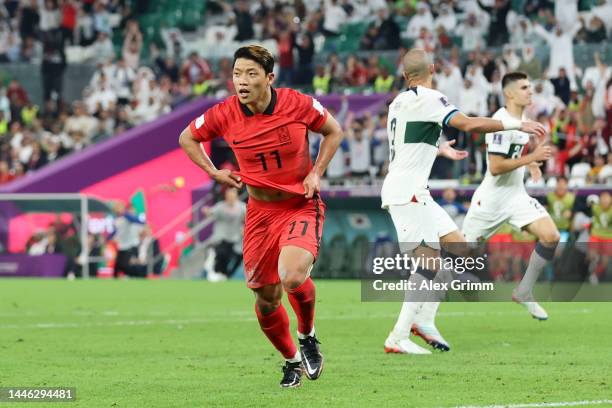 Heechan Hwang of Korea Republic celebrates after scoring the team’s second goal during the FIFA World Cup Qatar 2022 Group H match between Korea...