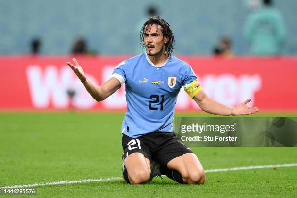 Edinson Cavani of Uruguay reacts after ruled offside during the FIFA World Cup Qatar 2022 Group H match between Ghana and Uruguay at Al Janoub...
