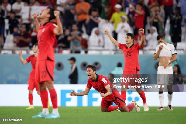 Wooyoung Jung of Korea Republic celebrates after the 2-1 win during the FIFA World Cup Qatar 2022 Group H match between Korea Republic and Portugal...