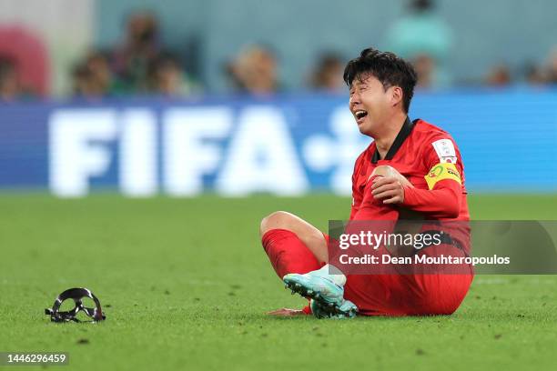 Heungmin Son of Korea Republic celebrates after the 2-1 win during the FIFA World Cup Qatar 2022 Group H match between Korea Republic and Portugal at...