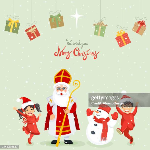 stockillustraties, clipart, cartoons en iconen met saint nicholas and kids. saint nicholas. cartoon character. - sinterklaas