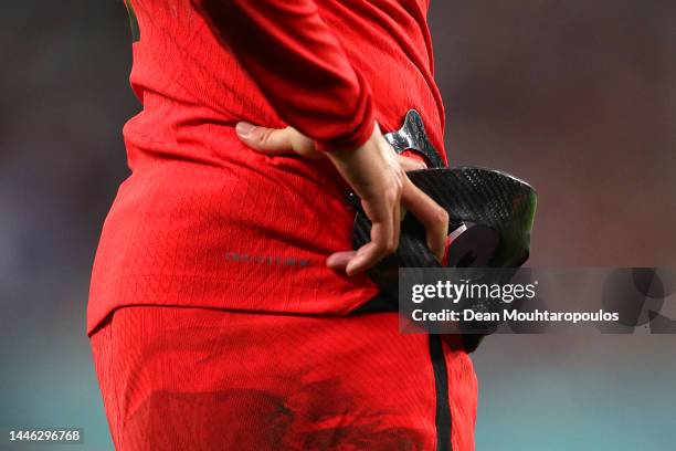 Detailed view of the face mask of Heungmin Son of Korea Republic during the FIFA World Cup Qatar 2022 Group H match between Korea Republic and...