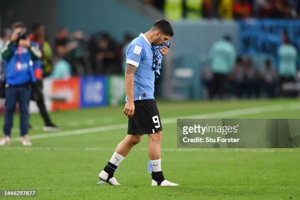 Luis Suarez of Uruguay reacts after the FIFA World Cup Qatar 2022 Group H match between Ghana and Uruguay at Al Janoub Stadium on December 02, 2022...