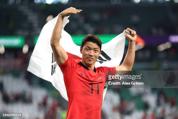 Heechan Hwang of Korea Republic celebrates after the 2-1 win during the FIFA World Cup Qatar 2022 Group H match between Korea Republic and Portugal...
