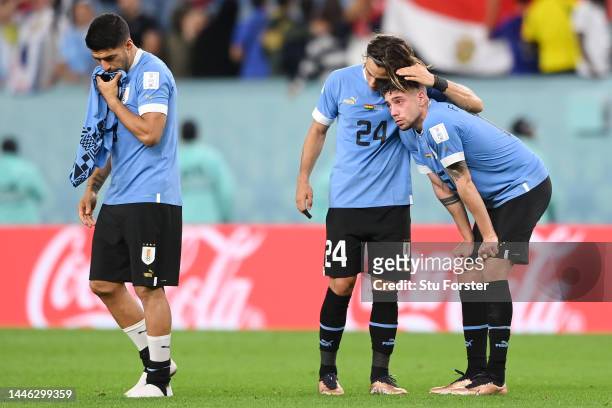 Luis Suarez of Uruguay reacts after his team's elimination during the FIFA World Cup Qatar 2022 Group H match between Ghana and Uruguay at Al Janoub...