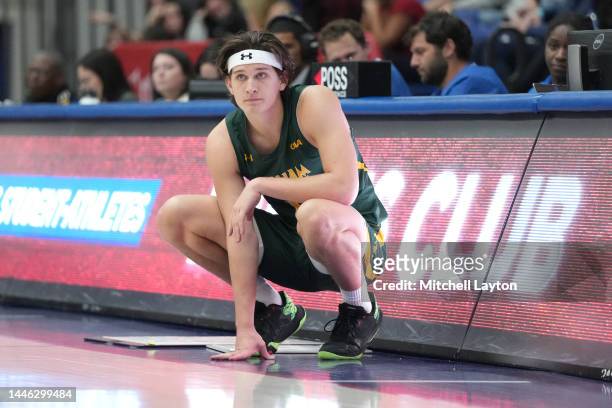 Jack Karasinski of the William & Mary Tribe prepares to enter the game during a college basketball game against the American University Eagles at...