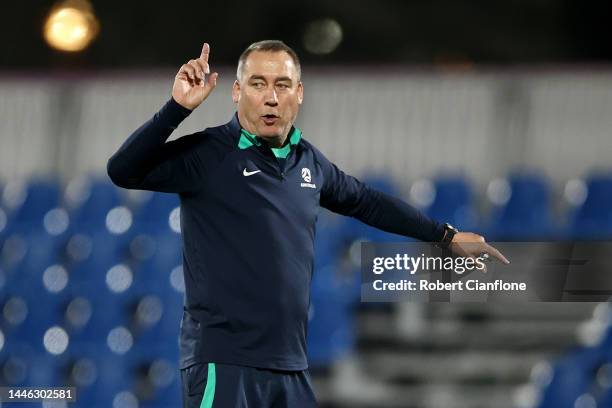 Rene Meulensteen, Coach of Australia reacts during Australia Training Session ahead of their Round of Sixteen match against Argentina at Aspire...