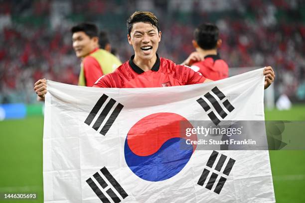 Heechan Hwang of Korea Republic celebrates after the team's qualification to the knockout stages during the FIFA World Cup Qatar 2022 Group H match...