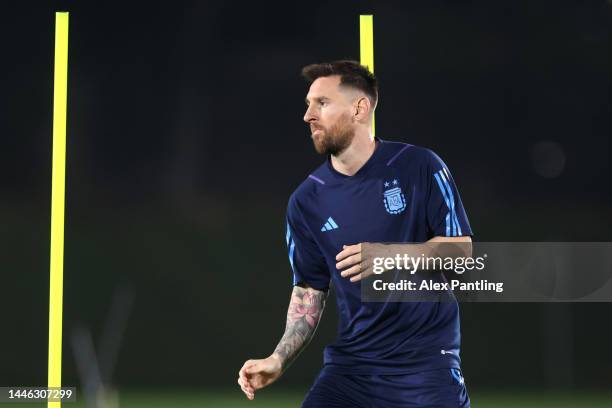 Lionel Messi of Argentina during the Argentina training session on match day -1 ahead of round of sixteen against Australia as part of FIFA World Cup...