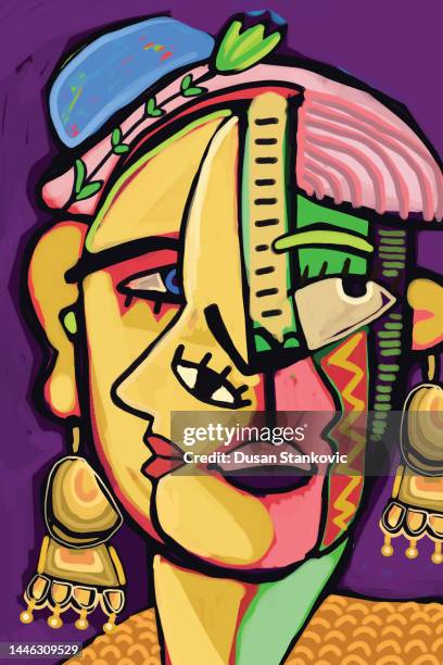 ilustraciones, imágenes clip art, dibujos animados e iconos de stock de retrato cubista de una mujer joven - cubismo
