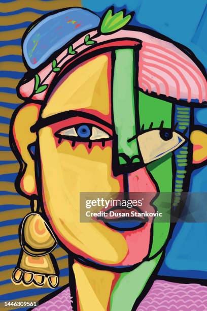 ilustraciones, imágenes clip art, dibujos animados e iconos de stock de retrato cubista de una mujer joven - cubismo