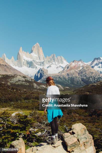 vista traseira de uma mulher contemplando uma vista das montanhas fitz roy na patagônia durante a viagem de caminhada - cerro torre - fotografias e filmes do acervo