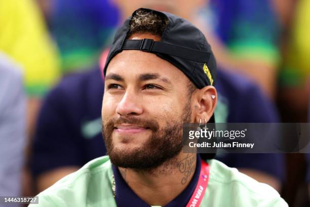 Neymar of Brazil looks on during the FIFA World Cup Qatar 2022 Group G match between Cameroon and Brazil at Lusail Stadium on December 02, 2022 in...