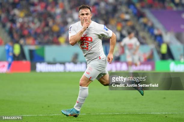 Xherdan Shaqiri of Switzerland celebrates after scoring the team’s first goal during the FIFA World Cup Qatar 2022 Group G match between Serbia and...