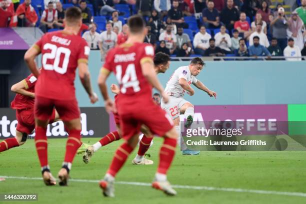 Xherdan Shaqiri of Switzerland scores the team's first goal during the FIFA World Cup Qatar 2022 Group G match between Serbia and Switzerland at...