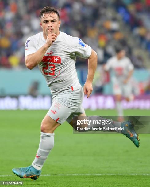 Xherdan Shaqiri of Switzerland celebrates after scoring the team’s first goal during the FIFA World Cup Qatar 2022 Group G match between Serbia and...