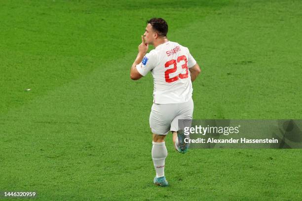 Xherdan Shaqiri of Switzerland celebrates after scoring the team’s first goal during the FIFA World Cup Qatar 2022 Group G match between Serbia and...
