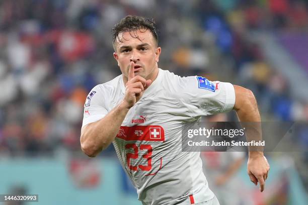 Xherdan Shaqiri of Switzerland celebrates after scoring the team’s first goal during the FIFA World Cup Qatar 2022 Group G match between Serbia and...