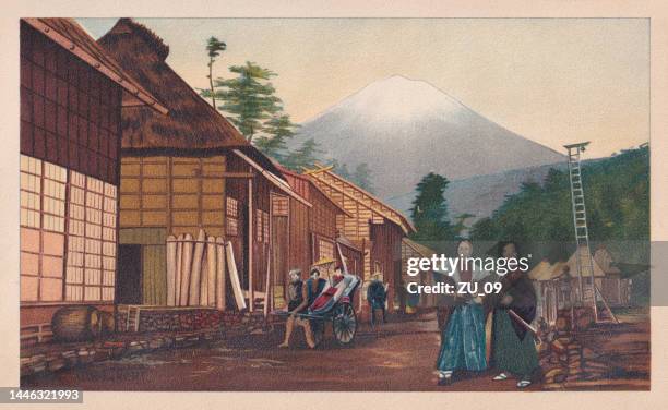 japanische landschaft mit dem berg fujiyama, chromolithographie, veröffentlicht 1899 - natural landmark stock-grafiken, -clipart, -cartoons und -symbole