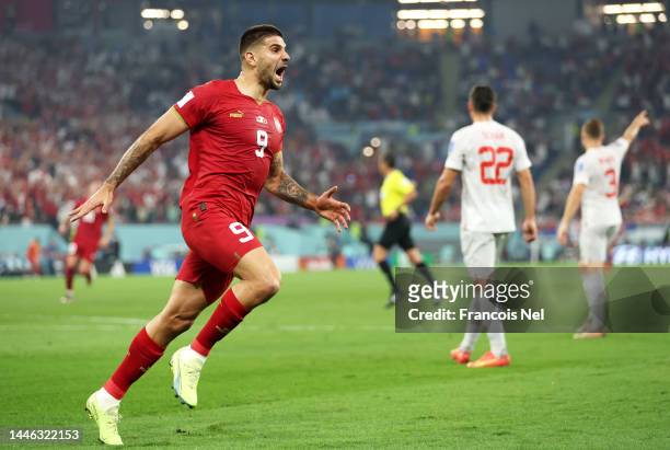 Aleksandar Mitrovic of Serbia celebrates after scoring the team’s first goal during the FIFA World Cup Qatar 2022 Group G match between Serbia and...