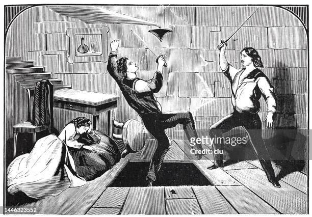 two men are fencing in a room, one falls into an open floor door - archival war stock illustrations