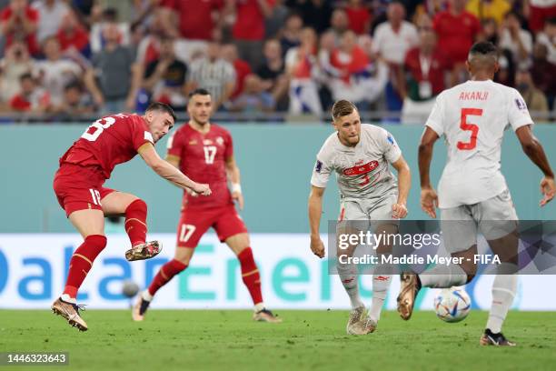 Dusan Vlahovic of Serbia scores the team’s second goal during the FIFA World Cup Qatar 2022 Group G match between Serbia and Switzerland at Stadium...