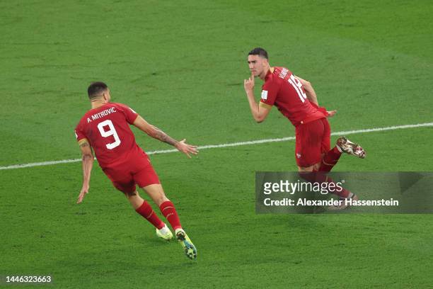 Dusan Vlahovic of Serbia celebrates after scoring the team's second goal with teammate Aleksandar Mitrovic during the FIFA World Cup Qatar 2022 Group...