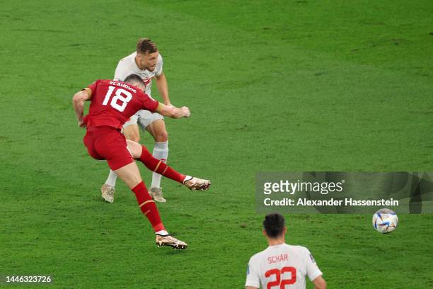 Dusan Vlahovic of Serbia scores the team’s second goal during the FIFA World Cup Qatar 2022 Group G match between Serbia and Switzerland at Stadium...