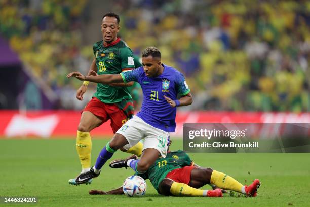 Rodrygo of Brazil is challenged by Collins Fai of Cameroon during the FIFA World Cup Qatar 2022 Group G match between Cameroon and Brazil at Lusail...