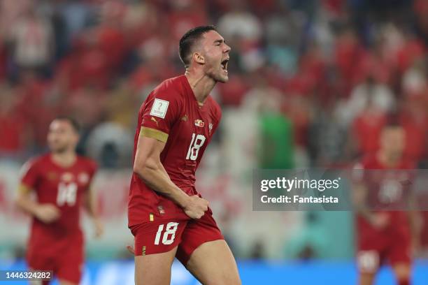 Dusan Vlahovic of Serbia celebrates with team mates after scoring to give the side a 2-1 lead during the FIFA World Cup Qatar 2022 Group G match...