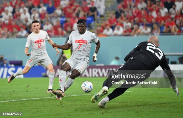 Breel Embolo of Switzerland scores the team's second goal during the FIFA World Cup Qatar 2022 Group G match between Serbia and Switzerland at...