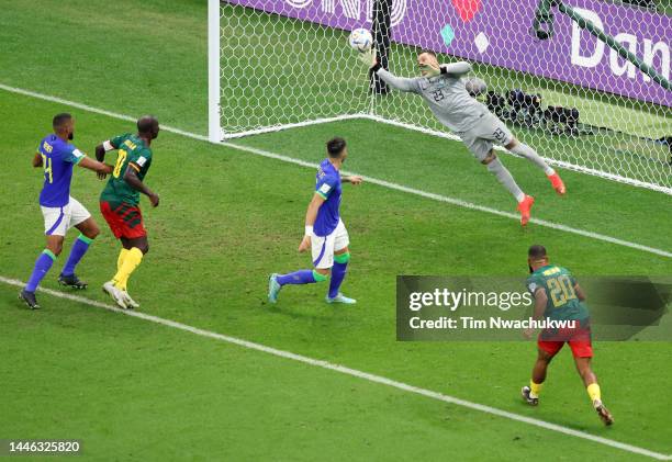 Ederson of Brazil makes a save during the FIFA World Cup Qatar 2022 Group G match between Cameroon and Brazil at Lusail Stadium on December 02, 2022...
