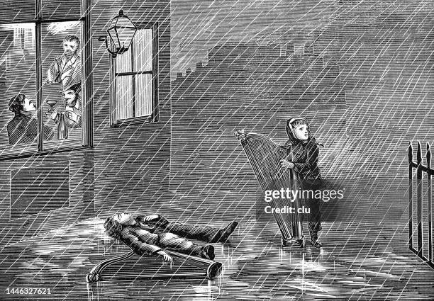 two men with zithers on the rainy street, one lying unconscious on the ground, the other playing - zither stock illustrations