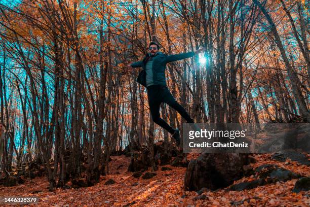 in the autumn season, the young man was photographed jumping into the air in the forest. - paparazzi x posed stock pictures, royalty-free photos & images