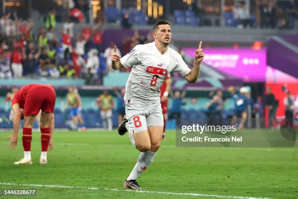 Remo Freuler of Switzerland celebrates after scoring the team’s third goal during the FIFA World Cup Qatar 2022 Group G match between Serbia and...